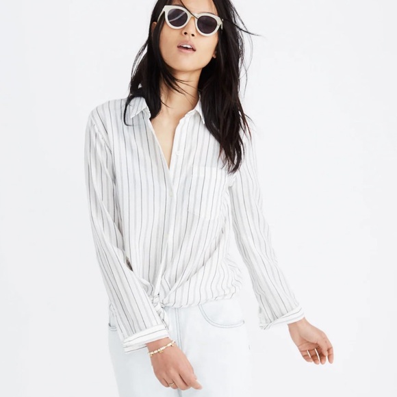 Madewell White Darcy Stripe Front Tie Button Down Top Size Medium - Picture 2 of 9
